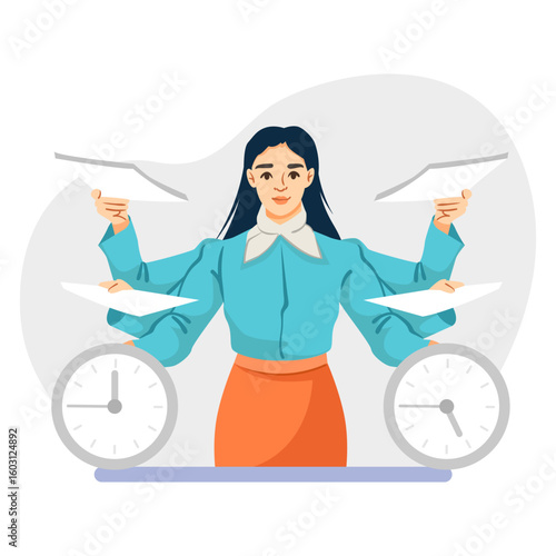 Woman with multiple arms juggling paper planes and clocks, flat graphic style, on white background. Concept of multitasking and deadline. Vector illustration