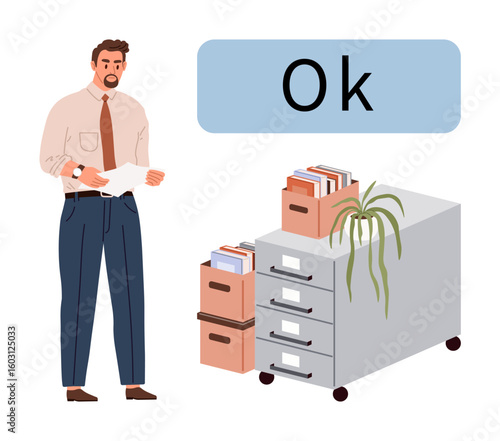 Man in business attire reads paperwork near file cabinets, folders, and a potted plant. Ideal for business management, organization, workplace efficiency, document review, productivity, office decor