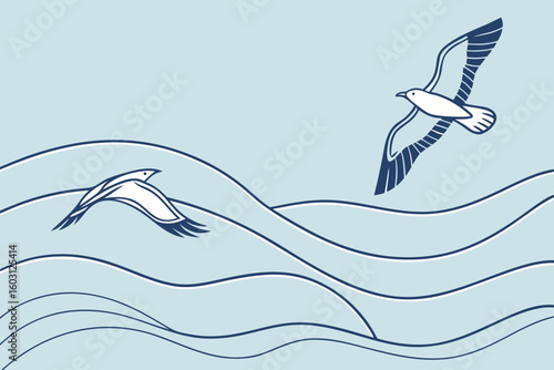 Calm water wave patterns on a soft blue background with space for text, evoking peacefulness and nature themes, modern flat illustration style