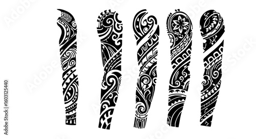 Five intricately designed tattoo sleeves in black and white, showcasing detailed patterns and artistic flair.