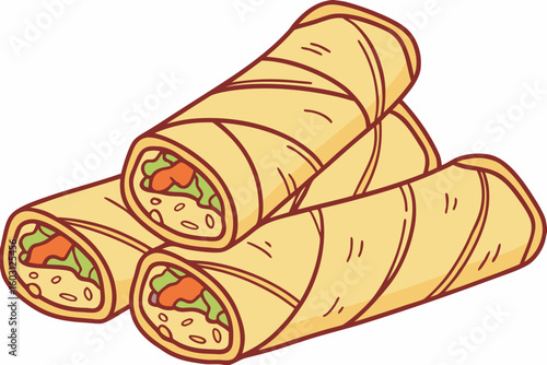 Crispy spring rolls with flaky golden texture, isolated to showcase a tempting Asian cuisine snack, modern flat illustration style