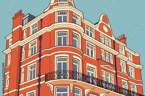 Elegant red brick building in Kensington with ornate balconies against a clear blue sky, showcasing London’s architectural beauty, modern flat illustration style