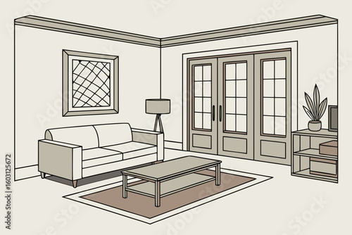 Living room styled with beige sofa, coffee table, bench, and mockup frame, featuring stucco wall and curated accents, modern flat illustration style
