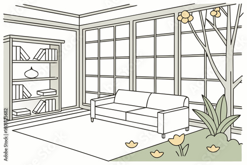 Nature-inspired room with white sofa, open shelves, spring flowers, and ceramic sculptures in a bright and airy layout, modern flat illustration style
