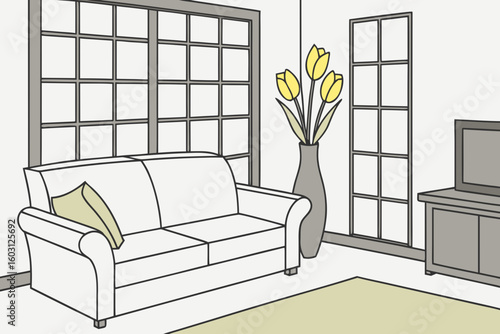 Neutral living room featuring a white sofa, olive green pillow, and fresh yellow blooms in a ceramic vase on wood, modern flat illustration style
