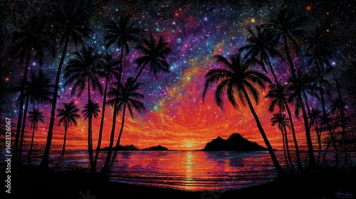 Tropical sunset with a vibrant starry sky