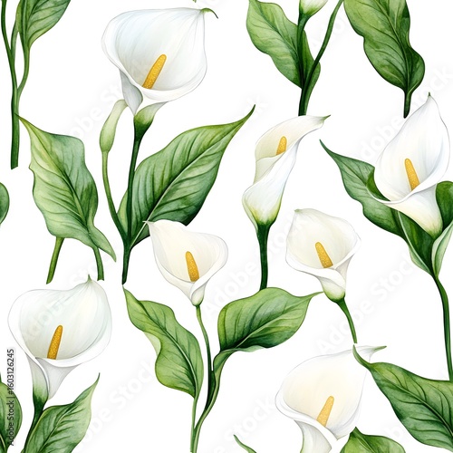 Elegant white calla lily flower pattern on a white background.