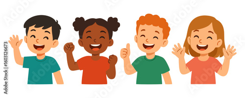 Cheerful kids happy boy girl joyful smiling expression child vector cartoon design for template poster flyer banner artwork lifestyle education childhood learning concept