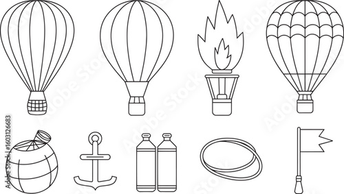 Air Adventure Icons Set Outline Style Featuring Hot Air Balloons, Anchor, and Fuel Tanks Design