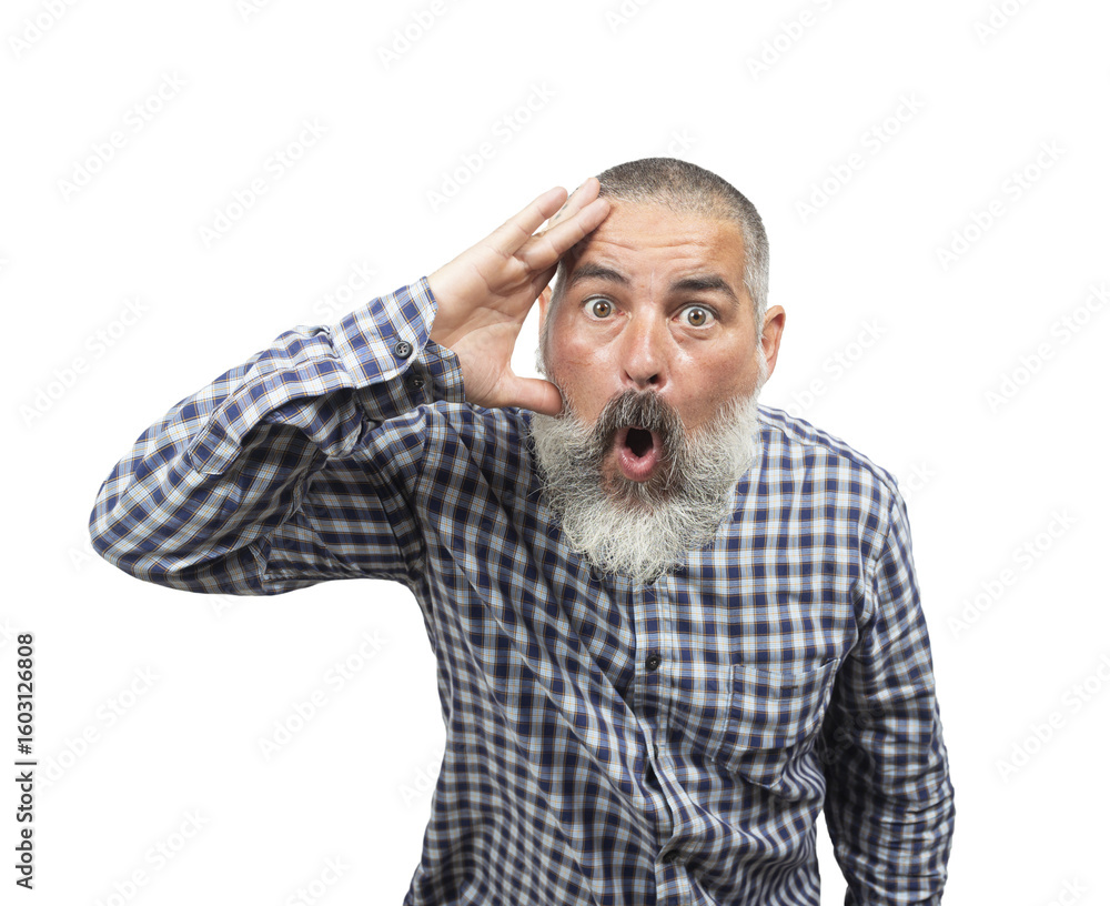 Obraz premium Bearded mature man expressing surprise and astonishment, making a gesture with his hand near his forehead