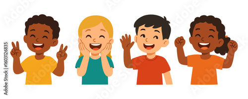 Happy kids cheerful boy girl joyful character illustration vector design for template poster flyer banner artwork lifestyle school childhood play activity learning event
