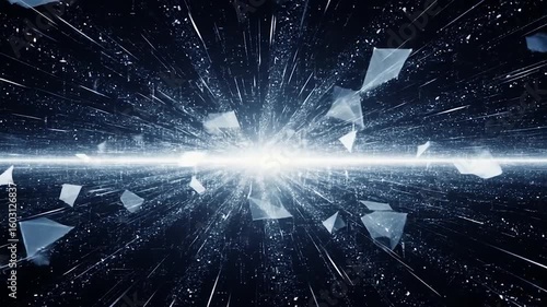 Abstract Shattered Glass Explosion with Light Streaks and Debris in Dark Space