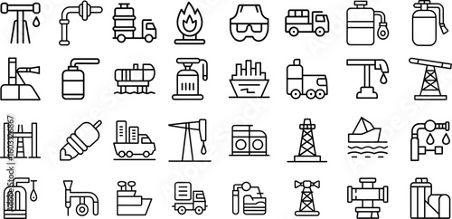 Oil and gas line icons set, oil well, gas pump and more vector illustration