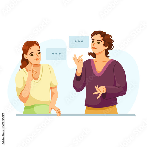 Two people communicating using sign language, cartoon style on white background, concept of deaf interaction and accessibility. Vector illustration