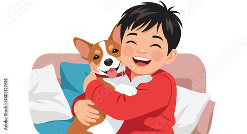 Adobe Illustrator artwork flat style illustration of a happy boy joyfully hugging his pet dog. Ideal for themes of childhood, pet companionship, love, and emotional connection