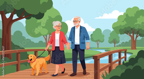 Adobe Illustrator artwork flat style illustration of a senior couple walking their golden retriever pet dog across a wooden bridge in a park. themes of aging, companionship, and serene outdoor life