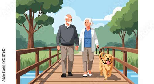 Adobe Illustrator artwork flat style illustration of a senior couple walking their golden retriever pet dog across a wooden bridge in a park. themes of aging, companionship, and serene outdoor life
