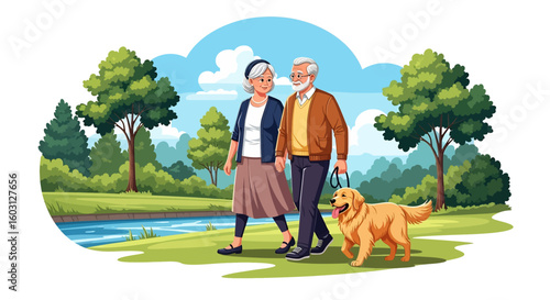Adobe Illustrator artwork flat style illustration of a senior couple walking their golden retriever pet dog across a wooden bridge in a park. themes of aging, companionship, and serene outdoor life