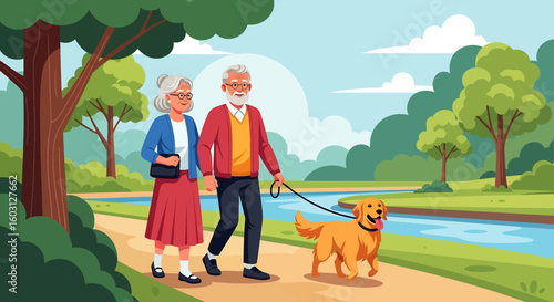 Adobe Illustrator artwork flat style illustration of a senior couple walking their golden retriever pet dog across a wooden bridge in a park. themes of aging, companionship, and serene outdoor life