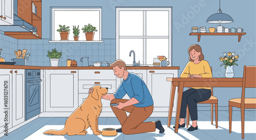 Adobe Illustrator artwork flat style illustration of a man feeding his golden retriever pet dog in a kitchen, while a woman sits nearby. Ideal for pet care and domestic life scenes