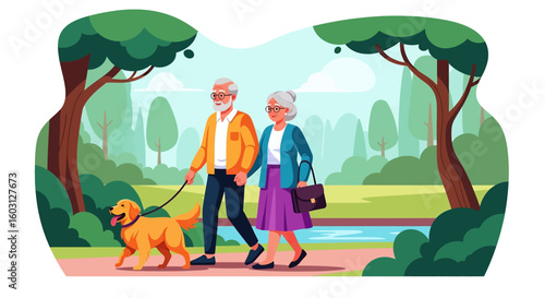 Adobe Illustrator artwork flat style illustration of a senior couple walking their golden retriever pet dog across a wooden bridge in a park. themes of aging, companionship, and serene outdoor life