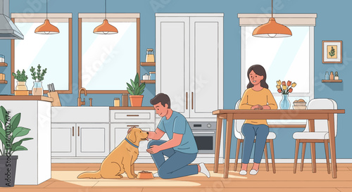 Adobe Illustrator artwork flat style illustration of a man feeding his golden retriever pet dog in a kitchen, while a woman sits nearby. Ideal for pet care and domestic life scenes
