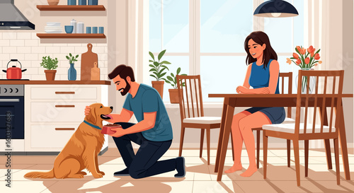 Adobe Illustrator artwork flat style illustration of a man feeding his golden retriever pet dog in a kitchen, while a woman sits nearby. Ideal for pet care and domestic life scenes