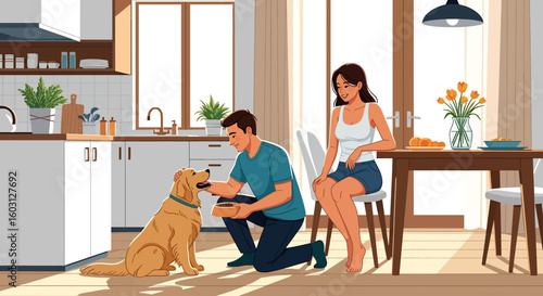 Adobe Illustrator artwork flat style illustration of a man feeding his golden retriever pet dog in a kitchen, while a woman sits nearby. Ideal for pet care and domestic life scenes