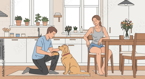 Adobe Illustrator artwork flat style illustration of a man feeding his golden retriever pet dog in a kitchen, while a woman sits nearby. Ideal for pet care and domestic life scenes