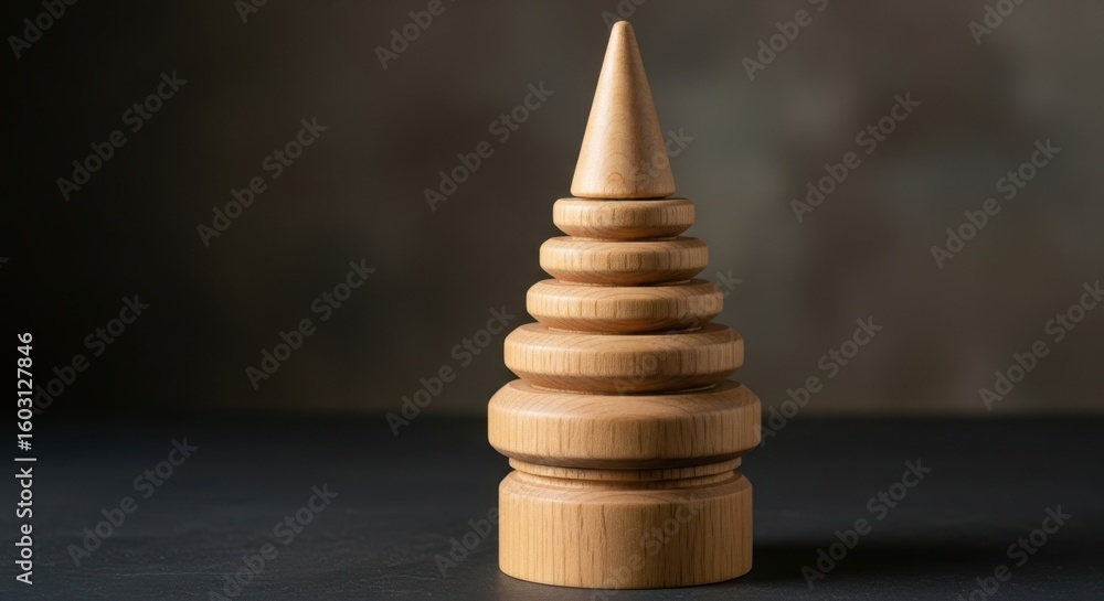 Fototapeta premium A finely crafted wooden christmas tree sculpture sits on a dark surface, illuminated by soft light
