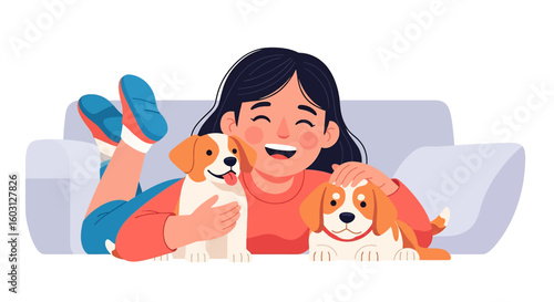 Adobe Illustrator artwork flat style illustration of a happy girl cuddling two adorable pet puppies on a cozy pillow. Ideal for themes of childhood, pet love, affection, and happy domestic moments