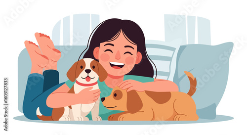 Adobe Illustrator artwork flat style illustration of a happy girl cuddling two adorable pet puppies on a cozy pillow. Ideal for themes of childhood, pet love, affection, and happy domestic moments