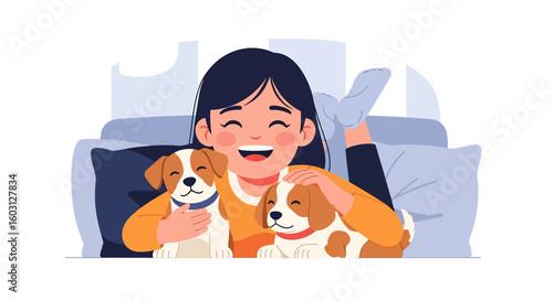 Adobe Illustrator artwork flat style illustration of a happy girl cuddling two adorable pet puppies on a cozy pillow. Ideal for themes of childhood, pet love, affection, and happy domestic moments