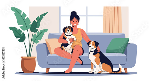 Adobe Illustrator artwork flat style illustration of a woman relaxing on a sofa with two adorable pet puppies. Ideal for themes of animal companionship, home comfort, and modern living