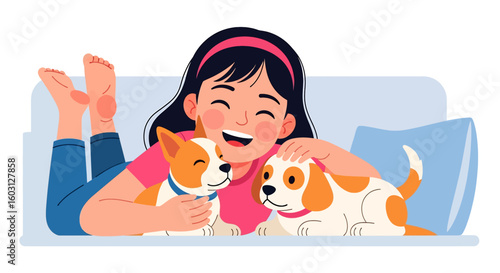 Adobe Illustrator artwork flat style illustration of a happy girl cuddling two adorable pet puppies on a cozy pillow. Ideal for themes of childhood, pet love, affection, and happy domestic moments