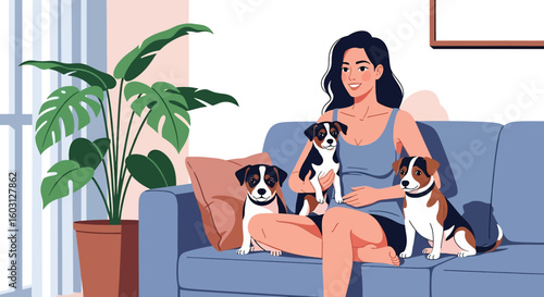 Adobe Illustrator artwork flat style illustration of a woman relaxing on a sofa with two adorable pet puppies. Ideal for themes of animal companionship, home comfort, and modern living