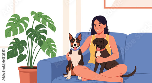 Adobe Illustrator artwork flat style illustration of a woman relaxing on a sofa with two adorable pet puppies. Ideal for themes of animal companionship, home comfort, and modern living