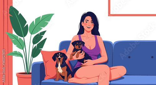 Adobe Illustrator artwork flat style illustration of a woman relaxing on a sofa with two adorable pet puppies. Ideal for themes of animal companionship, home comfort, and modern living