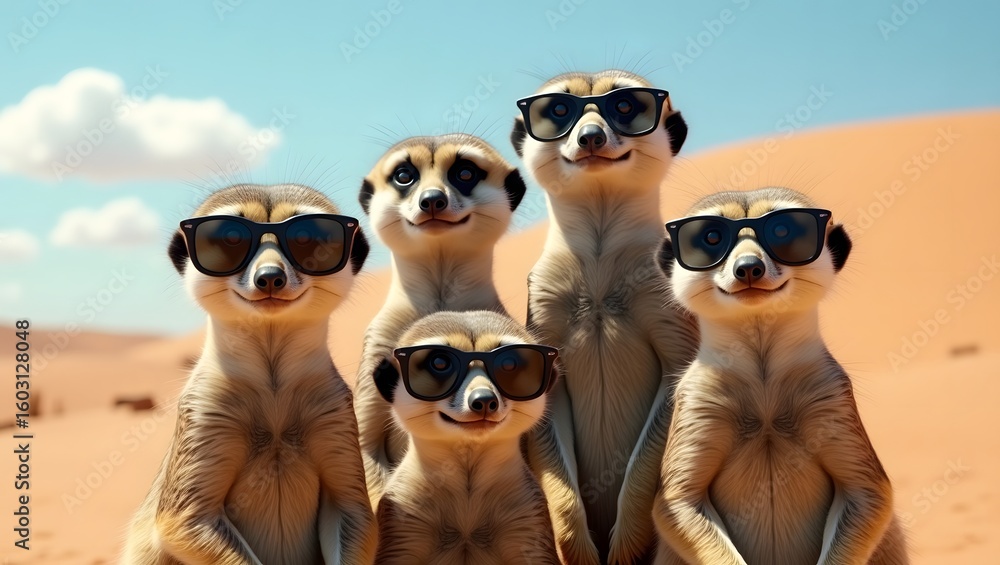Fototapeta premium Four meerkats wearing sunglasses, desert background, playful mood, 3D rendered illustration, summer vibe, wildlife photography style.
