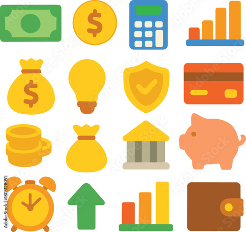 Financial Icon set. Includes finance, investment, chart, money, marketing and more. Flat vector icon collection. Vector Illustration.