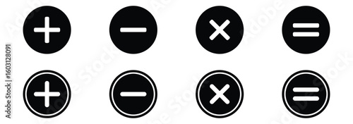 Basic mathematical symbol. Plus, minus, multiply, divide icon set. Plus and minus icons set. Math symbol. Plus icon, Minus icon, Multiply icon, Divide icons. Round plus and minus icons set eps 10