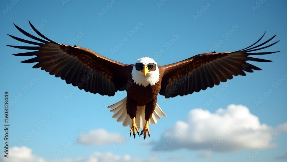 Obraz premium Cool Bald Eagle Soaring, Sunglasses, Blue Sky, Dramatic Flight, Majestic Bird, Wildlife Photography