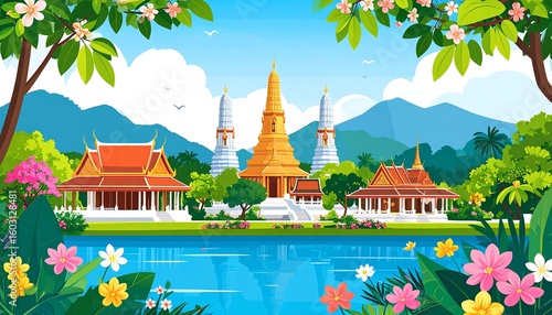 Charming cartoon illustration featuring Thailand's majestic Wat Arun temple and serene landscape