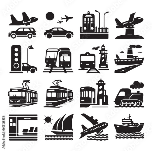 Air Auto Railway Transport Silhouette Icon Set. Stop Station Sign for Public Transport Glyph Pictogram. Car, Bus, Tram, Train, Metro, Plane, Ship Icon in Front vector graphics