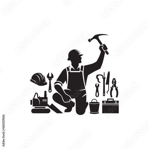 Labour Day Silhouette Vector Illustration, Solid White Background.