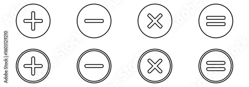 Basic mathematical symbol. Plus, minus, multiply, divide icon set. Plus and minus icons set. Math symbol. Plus icon, Minus icon, Multiply icon, Divide icons. Round plus and minus icons set eps 10
