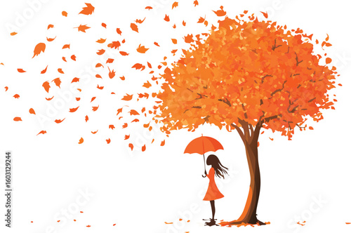 Autumnal Scene Woman with Umbrella Under a Tree with Falling Leaves