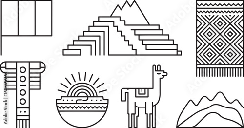 Iconic Peruvian Landmarks and Symbols Line Art Illustration Featuring Flag, Machu Picchu, Llama