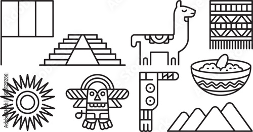 Iconic Peruvian Cultural Symbols Line Art Illustration Featuring Llama, Machu Picchu, and Textiles