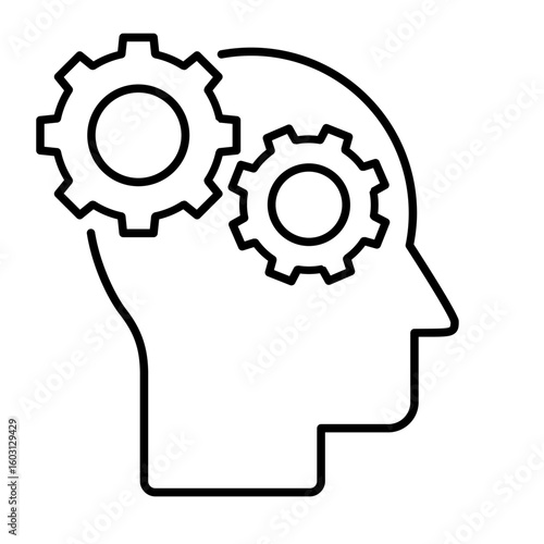 Head with gears line icon. Thinking process. Artificial intelligence. Human mind as cogwheels. Creative brain idea. Problem solving and innovation. Cognitive functions. Vector illustration. 
